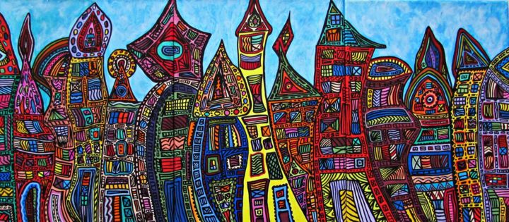 Malerei mit dem Titel "Die Stadt" von Eva Fazakas, Original-Kunstwerk, Acryl