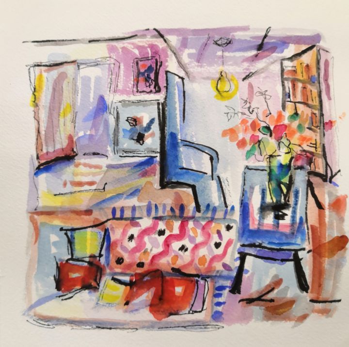 Peinture intitulée "Salon bohème" par Frédérique Girin, Œuvre d'art originale, Aquarelle Monté sur Panneau de bois