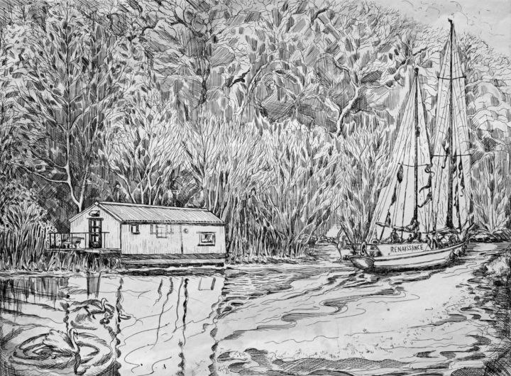 Printmaking titled ""The Ark" and yacht…" by Fraser Maciver (1960 - 2019), Original Art, Etching