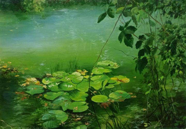 Painting titled "Green Waterlilys" by Faramarz Mokhtarpour, Original Art, Oil