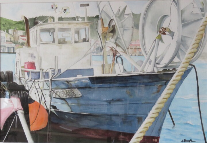 Painting titled "Bateau de pêche à P…" by Françoise Perrotton, Original Artwork, Watercolor