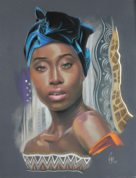 Collages titled "" African Beauty "" by Fabien Champetier, Original Artwork, Pastel