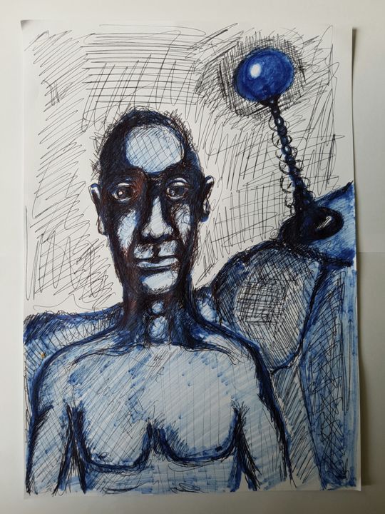 Drawing titled "Dessin sans retour" by Ital'A, Original Artwork, Ballpoint pen