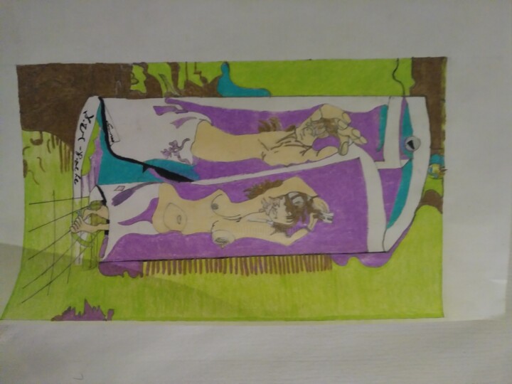 Drawing titled "fille nue avec....." by Fabian Rodriguez, Original Artwork, Paper Mounted on Cardboard