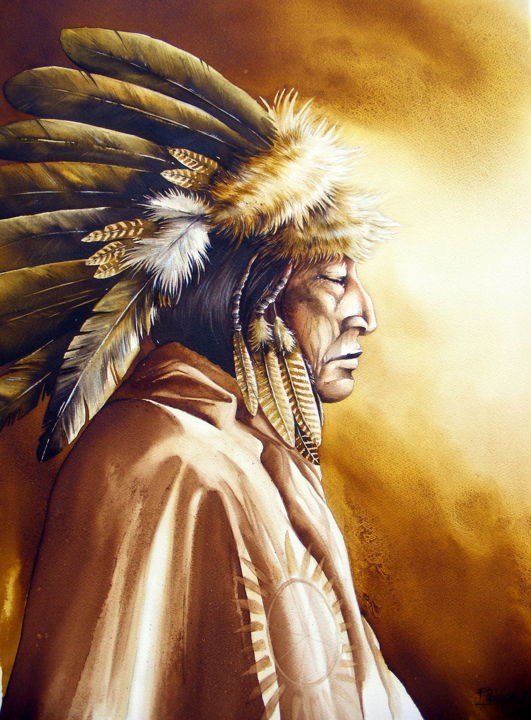 Painting titled "the chief" by Fabien Petillion, Original Artwork, Watercolor