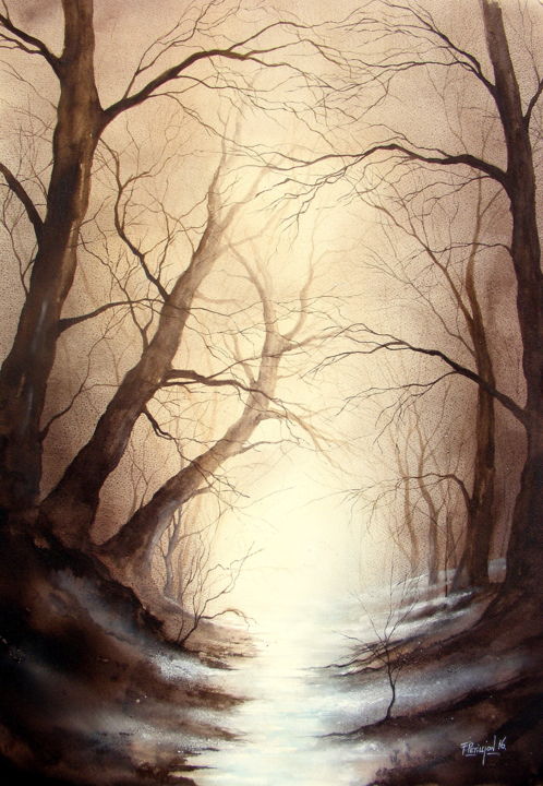 Schilderij getiteld "lost river" door Fabien Petillion, Origineel Kunstwerk, Aquarel