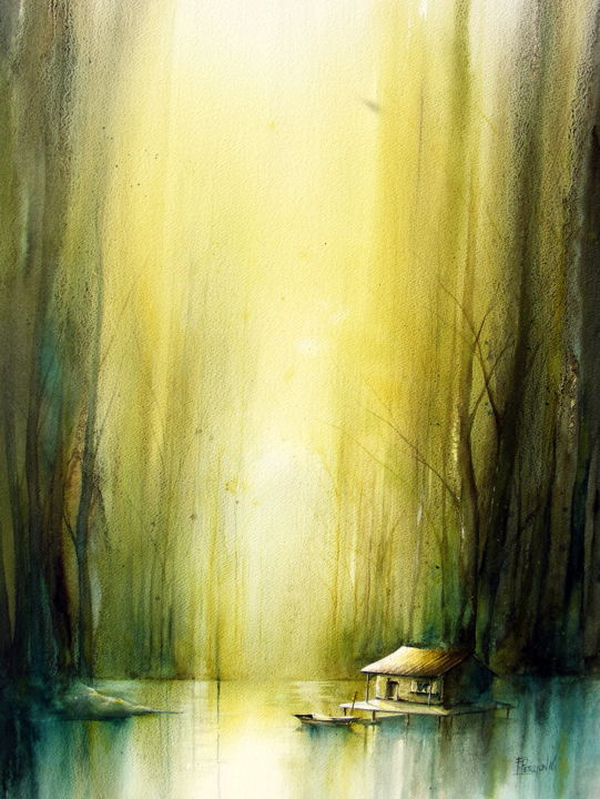 Painting titled "tranquility" by Fabien Petillion, Original Artwork, Watercolor