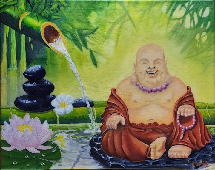 Painting titled "Bouddha au bord de…" by Fabien Roger (RFabien), Original Artwork, Oil