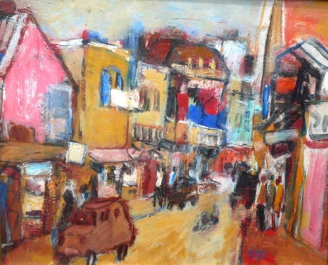 Painting titled "street with pink ho…" by Fabien Cango, Original Artwork