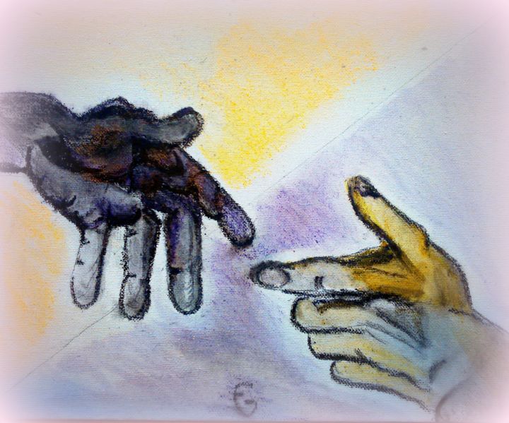 Pintura intitulada "tendre la main" por Fabienne Deguines, Obras de arte originais