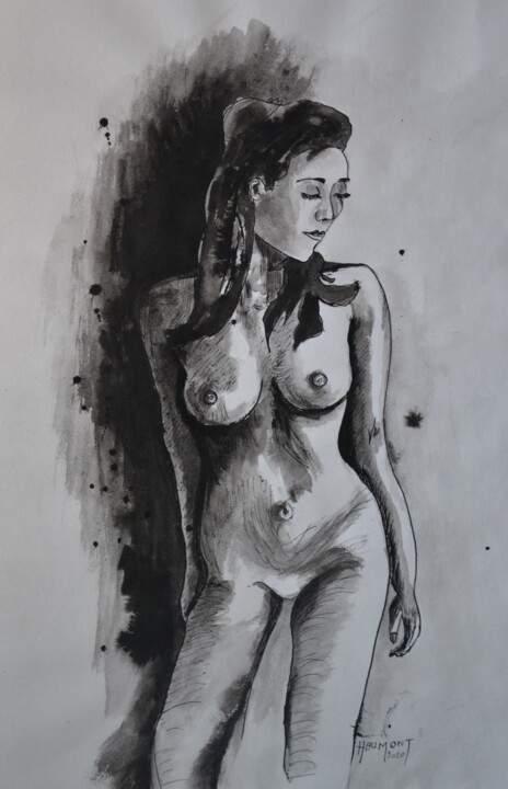 Dessin intitulée "Nudité" par Fabienne Haumont, Œuvre d'art originale, Encre