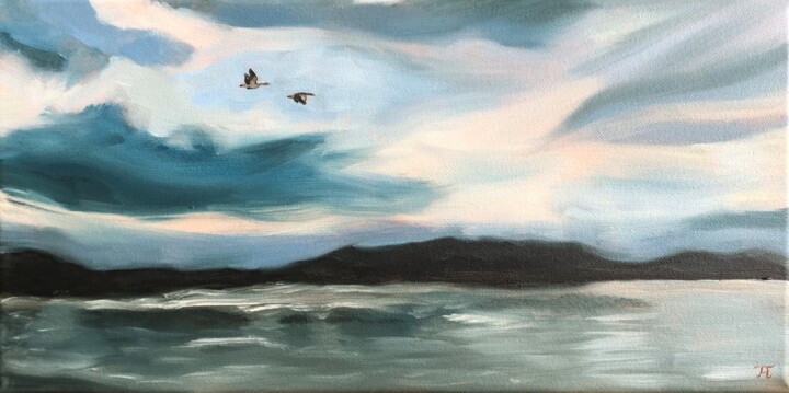 Painting titled "Serenity Lake: "Mig…" by Fabienne Hofstede, Original Artwork, Oil