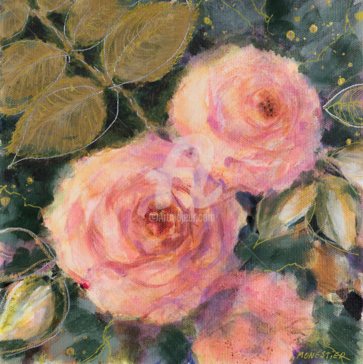 Painting titled "Roses romantiques" by Fabienne Monestier, Original Artwork, Acrylic Mounted on Wood Stretcher frame