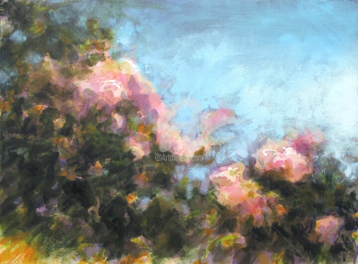 Painting titled "Le buisson de roses…" by Fabienne Monestier, Original Artwork, Acrylic