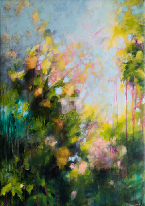 Картина под названием "Jardin au printemps" - Fabienne Monestier, Подлинное произведение искусства, Акрил Установлен на Дере…