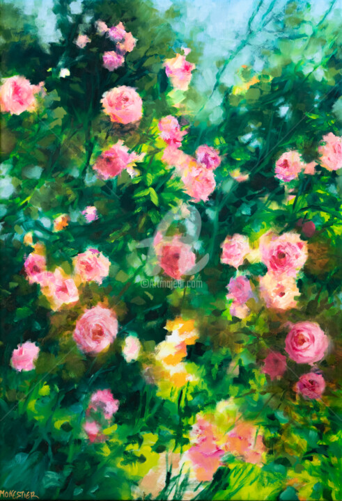 Painting titled "Roses roses au jard…" by Fabienne Monestier, Original Artwork, Oil
