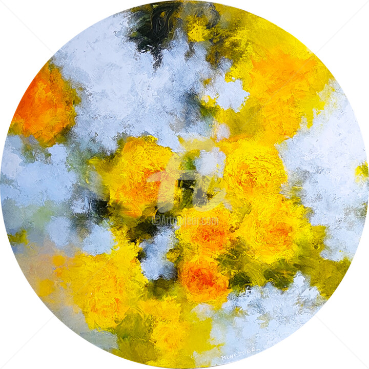 「Tondo floral aux ro…」というタイトルの絵画 Fabienne Monestierによって, オリジナルのアートワーク, オイル ウッドストレッチャーフレームにマウント