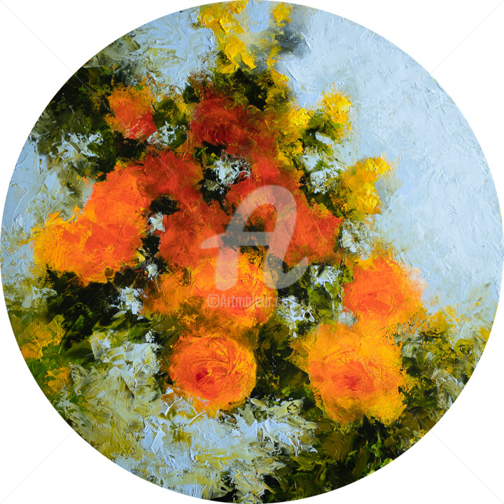 Painting titled "Tondo floral aux ro…" by Fabienne Monestier, Original Artwork, Oil Mounted on Wood Stretcher frame