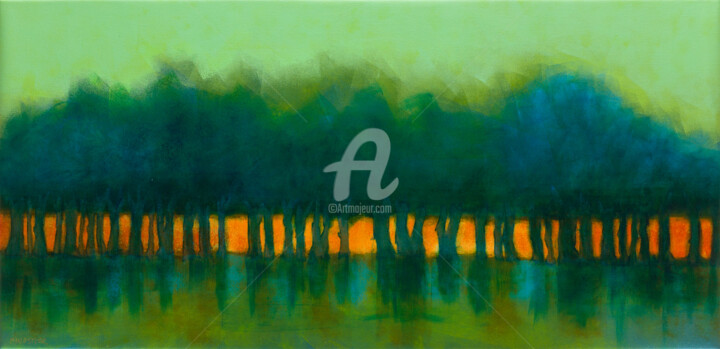Painting titled "Arbres au crépuscul…" by Fabienne Monestier, Original Artwork, Acrylic Mounted on Wood Stretcher frame