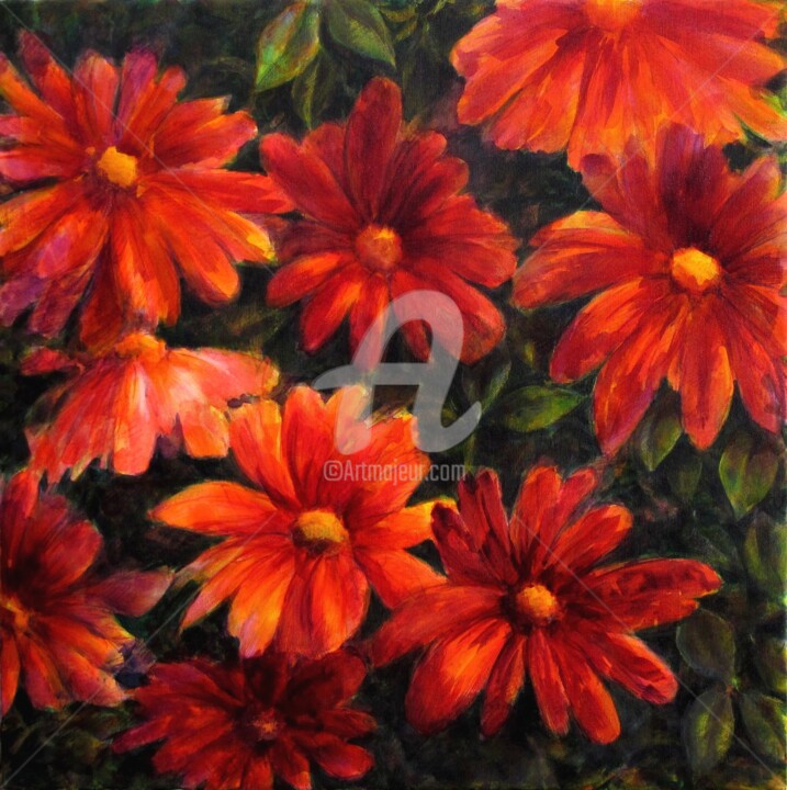 Peinture intitulée "Les fleurs rouges" par Fabienne Monestier, Œuvre d'art originale, Acrylique Monté sur Châssis en bois