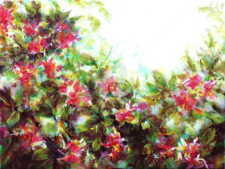 Картина под названием "Les fleurs rouges a…" - Fabienne Monestier, Подлинное произведение искусства, Акрил Установлен на Дер…