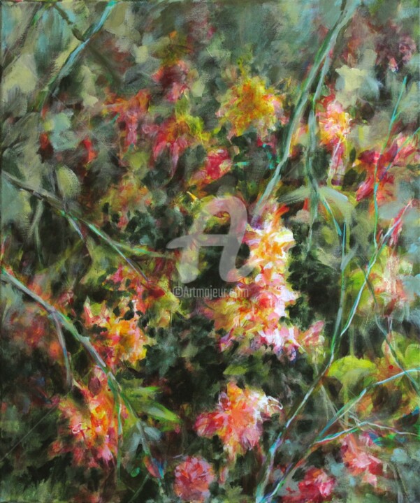 Peinture intitulée "Fleurs et feuilles" par Fabienne Monestier, Œuvre d'art originale, Acrylique Monté sur Châssis en bois