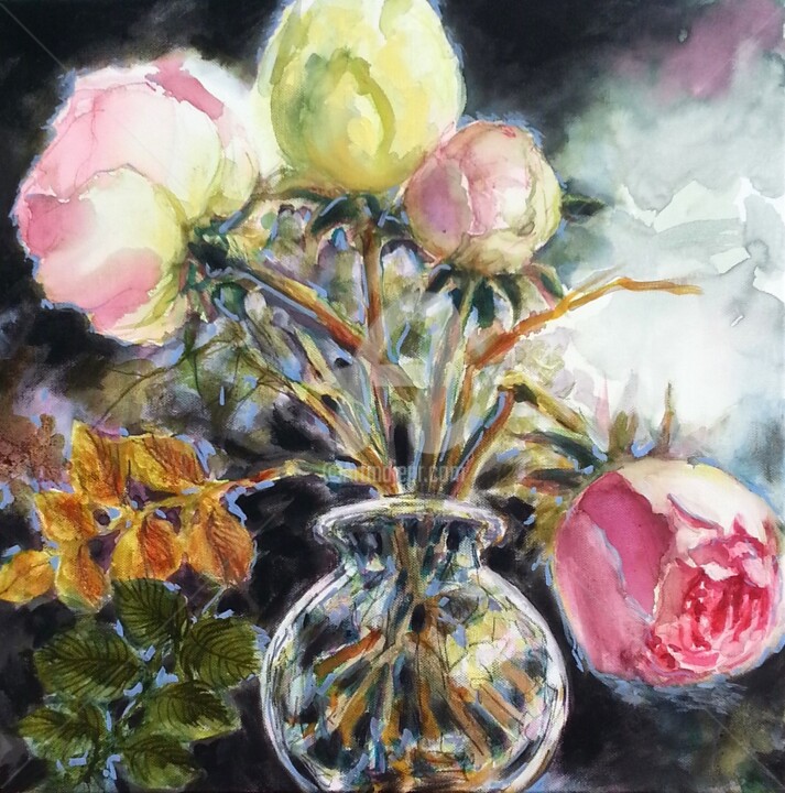Painting titled "Roses dans un vase" by Fabienne Monestier, Original Artwork, Watercolor Mounted on Wood Stretcher frame