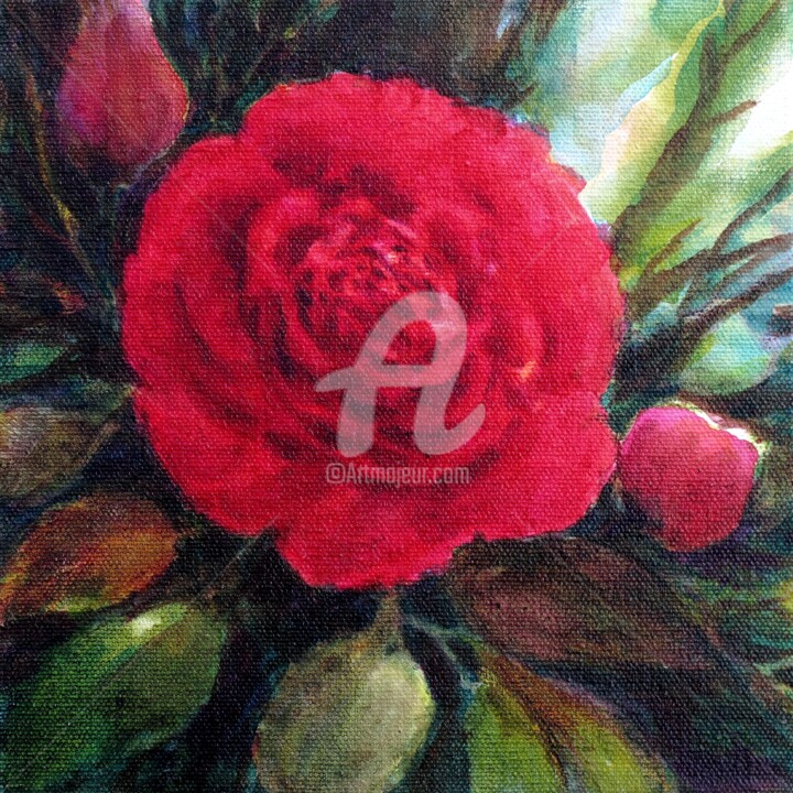 Painting titled "Fleur rouge" by Fabienne Monestier, Original Artwork, Acrylic