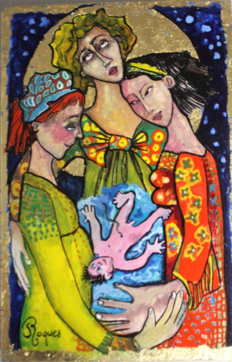 Painting titled "La naissance" by Fabienne Roques, Original Artwork, Tempera