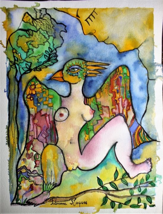 Peinture intitulée "Comme un oiseau sur…" par Fabienne Roques, Œuvre d'art originale, Aquarelle