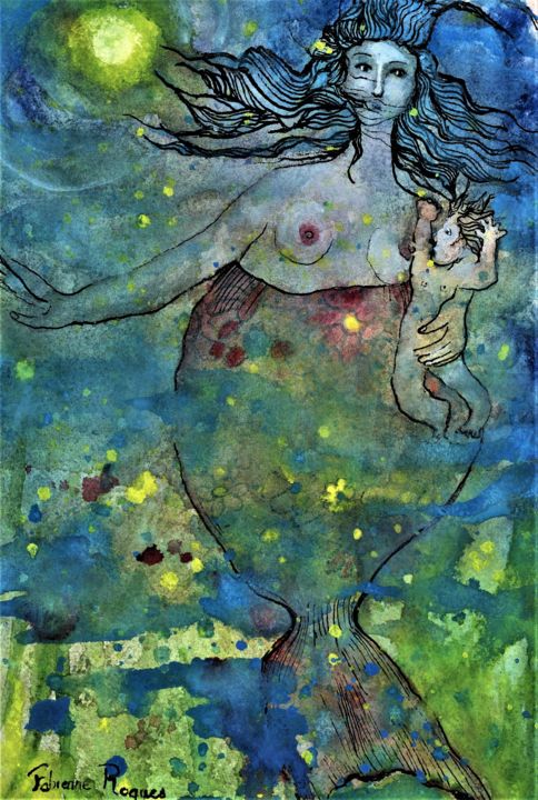 Schilderij getiteld "La sirène a grossi" door Fabienne Roques, Origineel Kunstwerk, Aquarel