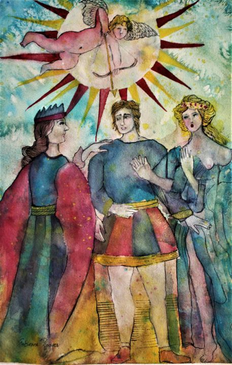 Painting titled "L'Amoureux" by Fabienne Roques, Original Art, Watercolor