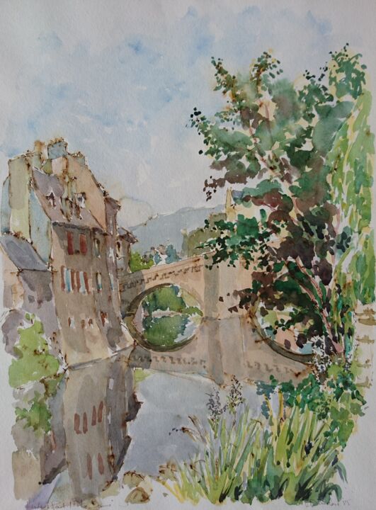 Painting titled "Mende, Pont Notre-D…" by Vincent Dumolard, Original Artwork, Watercolor