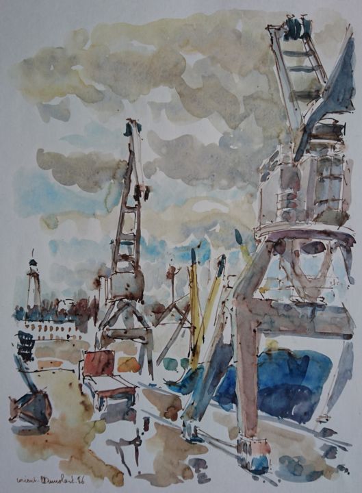 Painting titled "Lorient, le port ma…" by Vincent Dumolard, Original Artwork, Watercolor