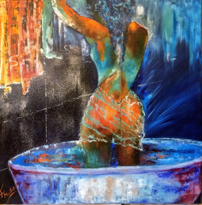 Peinture intitulée "Le bain Sénégalais" par Fabienne Pasquier Treuillet, Œuvre d'art originale, Pigments Monté sur Châssis e…