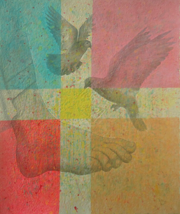 Malerei mit dem Titel "DEUX PIGEONS À LA F…" von Fábio Borges, Original-Kunstwerk, Acryl