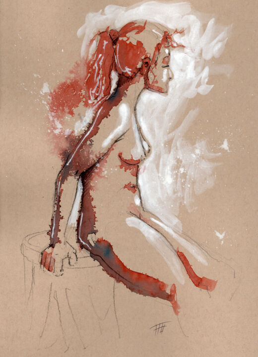 Drawing titled "Femme 08" by Fabrice Boulanger, Original Artwork, Watercolor