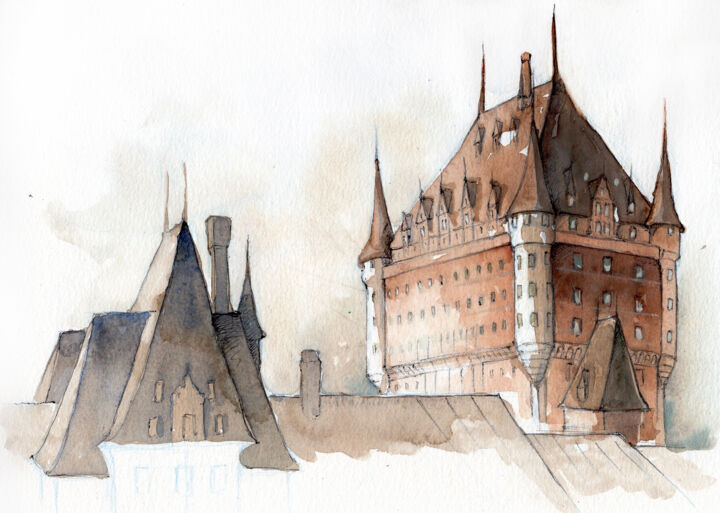 Dibujo titulada "Frontenac Castle" por Fabrice Boulanger, Obra de arte original, Acuarela