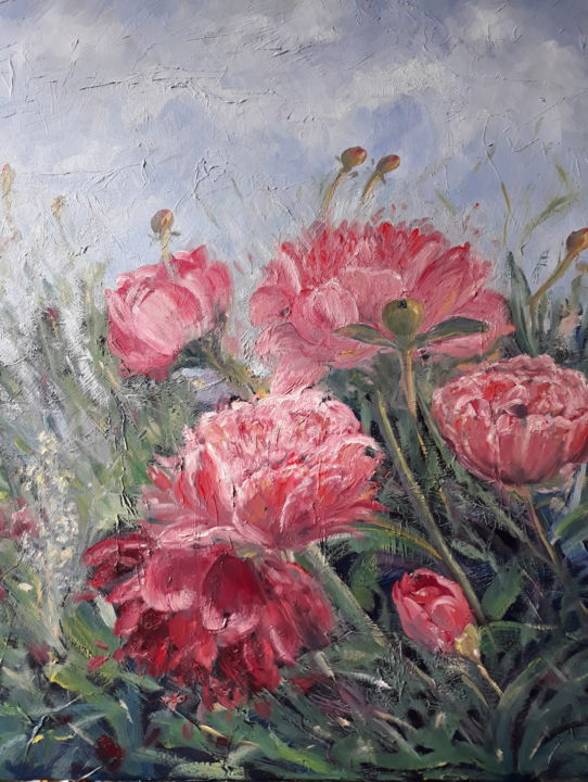 Painting titled "Les pivoines" by Fabrice Gerin, Original Artwork, Oil