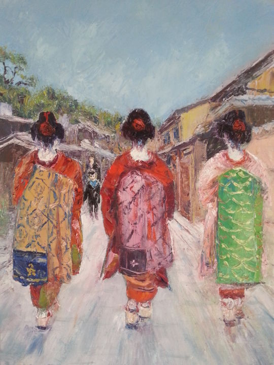 Painting titled "Geishas, les japona…" by Fabrice Gerin, Original Artwork, Oil