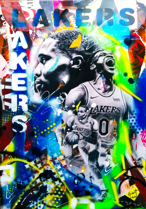 Коллажи под названием "Lakers" - Fabrice Hubert, Подлинное произведение искусства, Коллажи Установлен на Деревянная рама для…