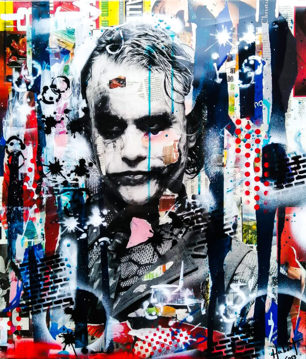Collages titled "Joker , it’s me" by Fabrice Hubert, Original Artwork, Collages Mounted on Wood Stretcher frame