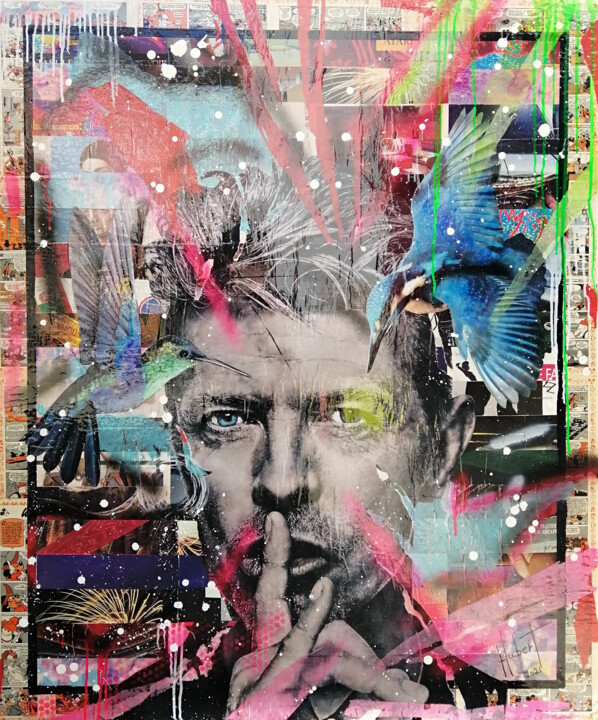 Collages getiteld "Bowie lovers" door Fabrice Hubert, Origineel Kunstwerk, Collages Gemonteerd op Frame voor houten brancard