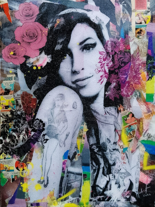 Collages titled "Amy" by Fabrice Hubert, Original Artwork, Collages Mounted on Wood Stretcher frame