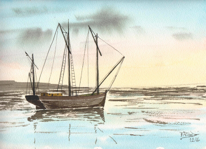 Painting titled "3 mats-barque" by Fabrice Richard, Original Artwork, Watercolor