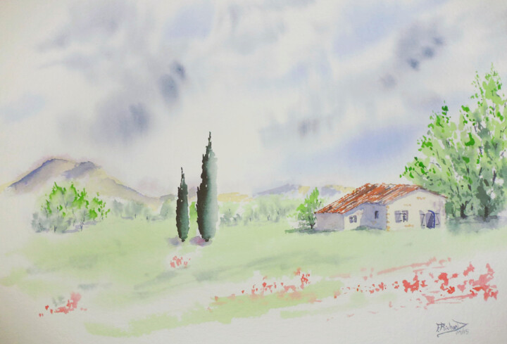 Painting titled "campagne varoise" by Fabrice Richard, Original Artwork, Watercolor