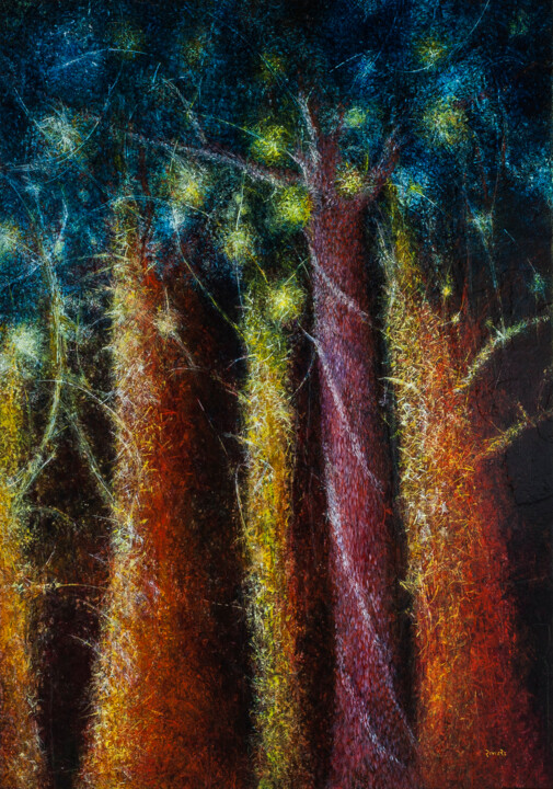 Painting titled "Arbres aux étoiles" by Fabrice Rivière, Original Artwork, Oil