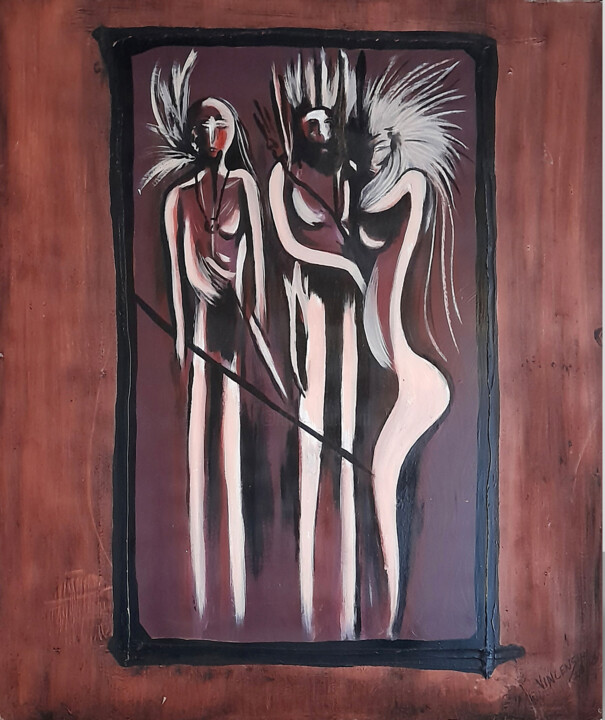 Painting titled "les 3 GUERRIERS" by Fabrice Vincensini, Original Artwork, Acrylic Mounted on Other rigid panel