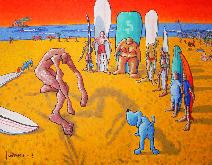 Painting titled "A surf lesson" by Fabrice Réhel, Original Artwork, Acrylic