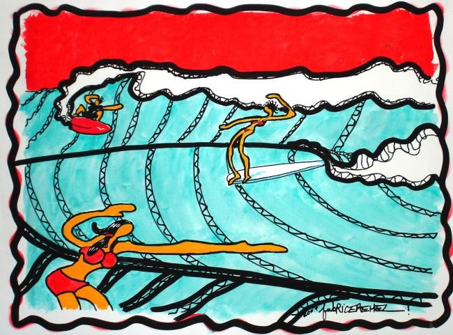 Dessin intitulée "surfeuses-trio" par Fabrice Réhel, Œuvre d'art originale